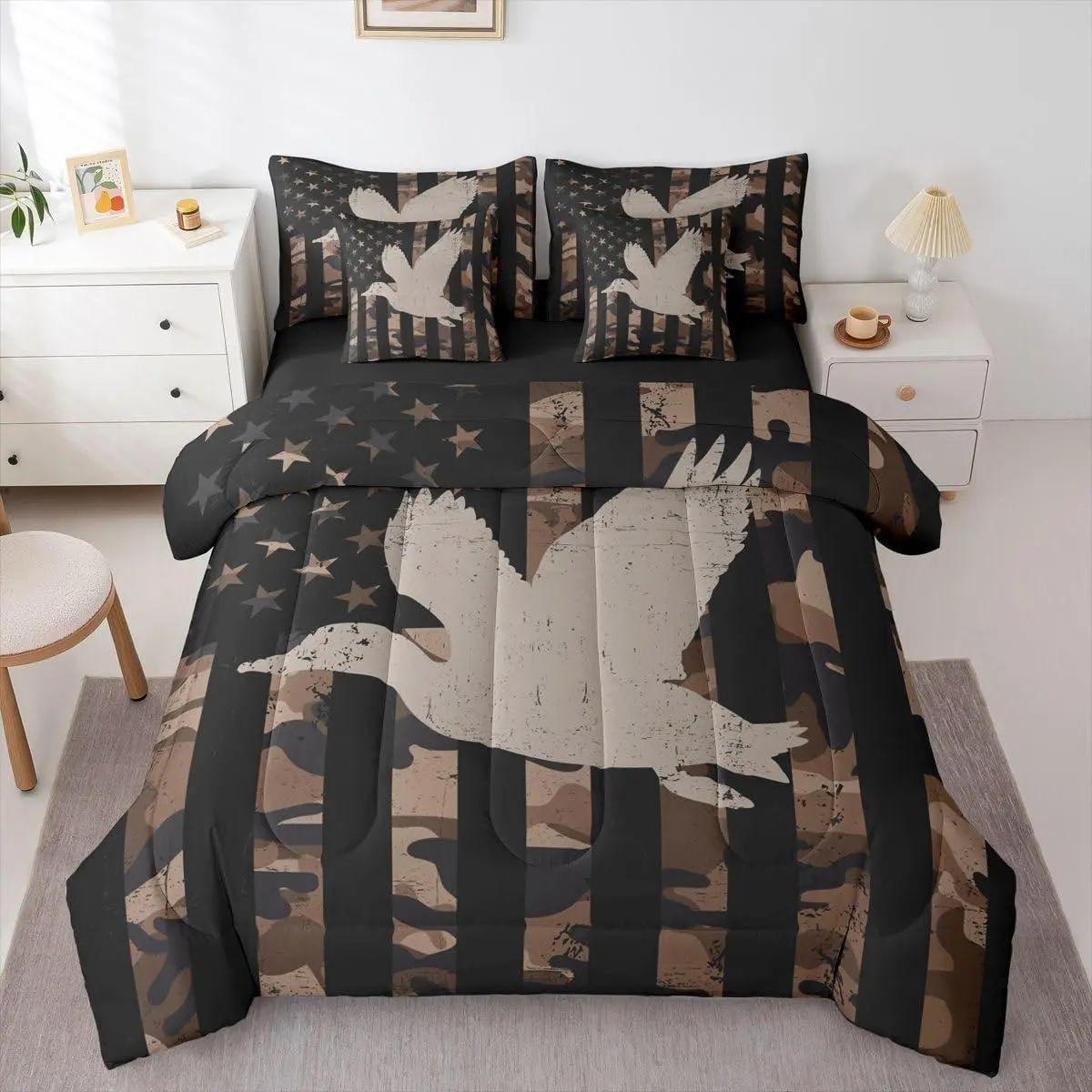 Hunting Mallard 7 Piece Bedding Set Camouflage Comforter Set with Sheets for Kids Boys Girls American Flag Bed in a Bag Rustic Farmhouse Bed Set Soft Lightweight