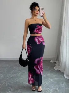 New Slim Fit Halter Printed Skirt Set, Crop/short Length, Casual Summer, Women's Fashion Dress, All Seasons Wear