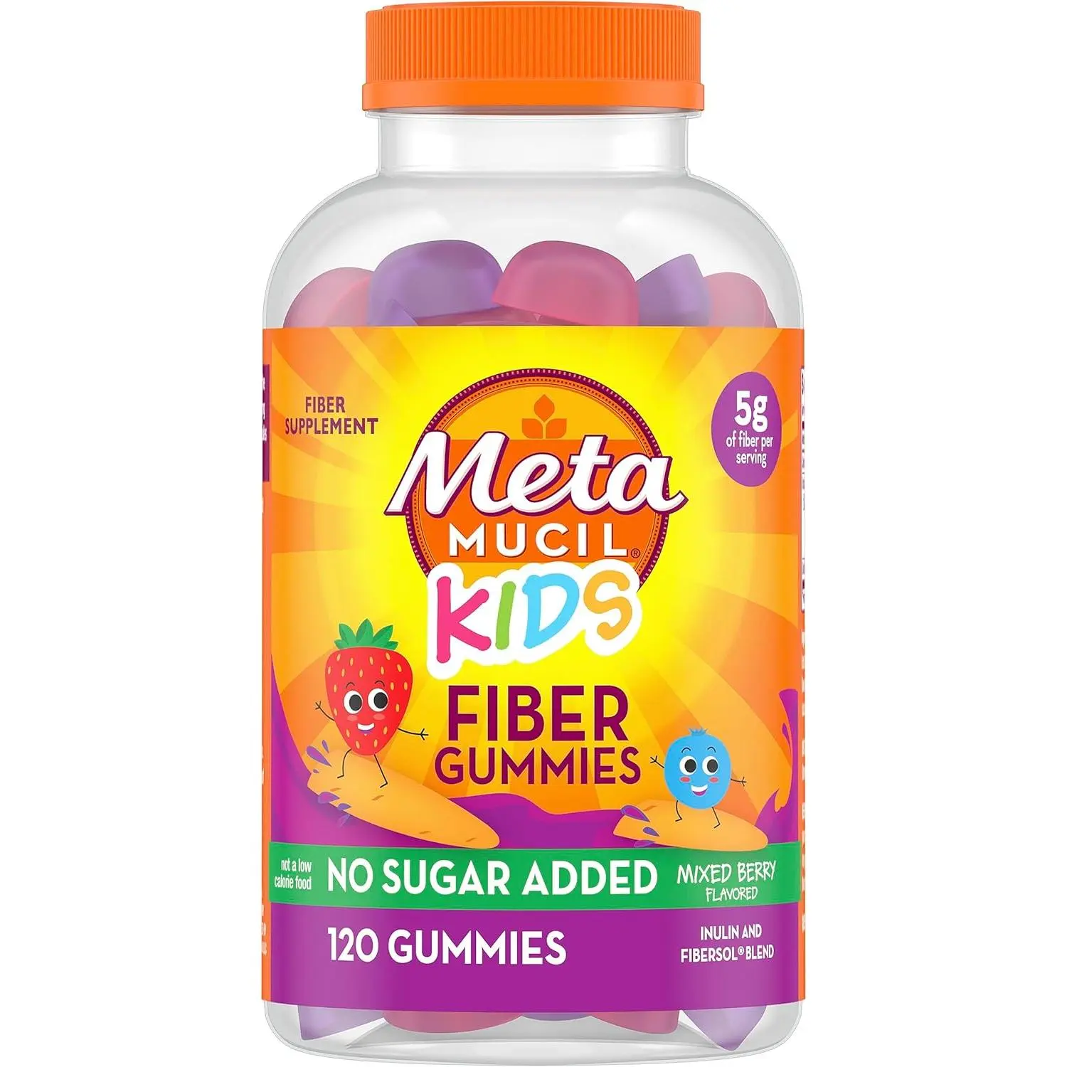 Metamucil Kids Fiber Gummies, No Sugar Added, 5g Prebiotic Plant-Based Fiber Supplement Blend, Mixed Berry Flavored, 120ct Gummies