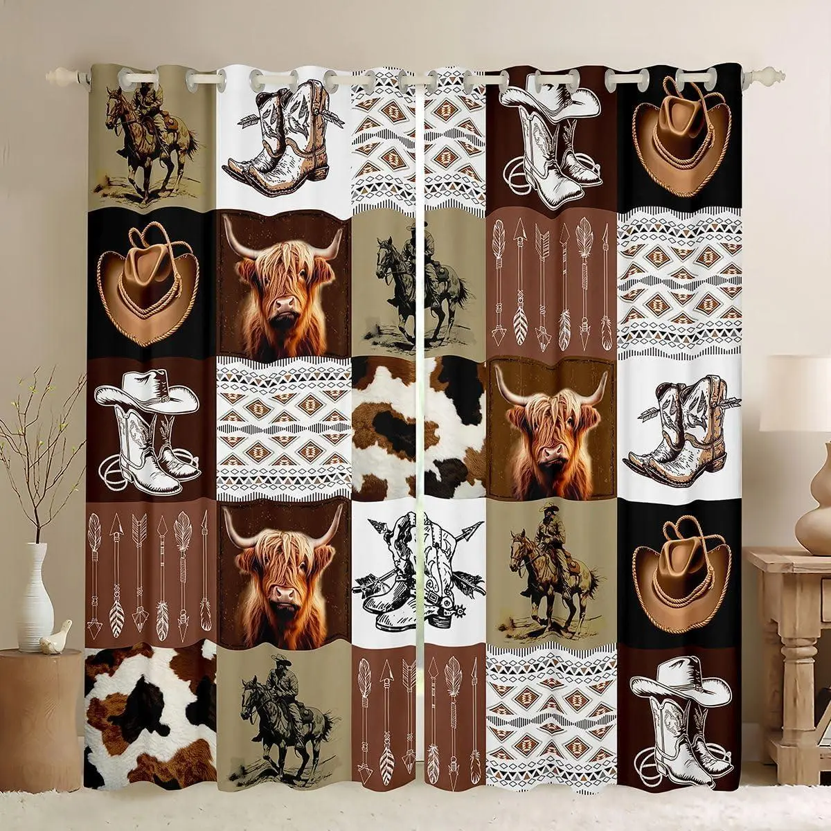 Western Highland Cow Decor Darkening Dreapes Wild West Cowboy Curtains Bedroom Living Room Rodeo Cowboy Blackout Curtains Brown White Window Treatments