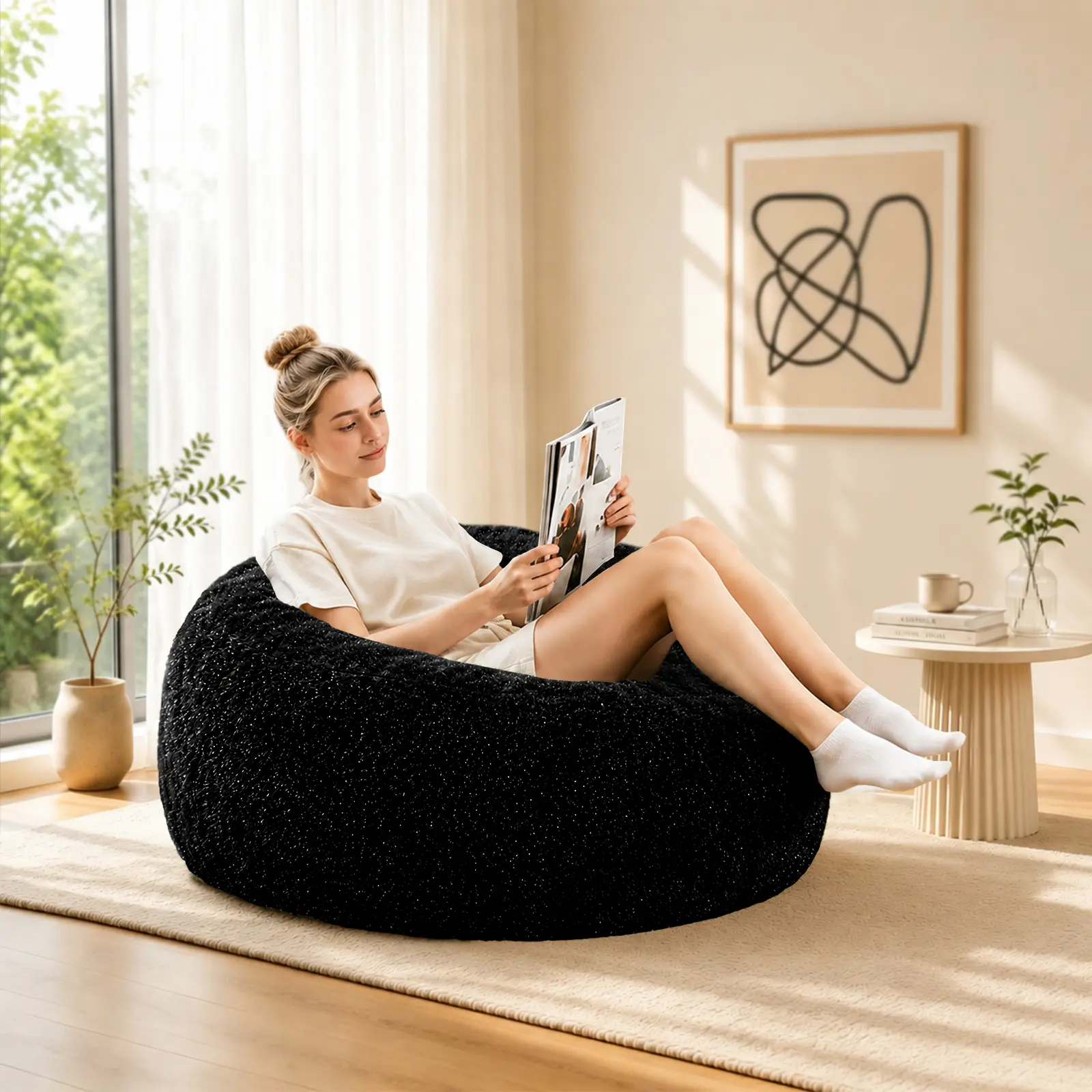 Bean Bag Chair for Adults, Giant Bean Bag with Filler & Machine Washable Cover, Fluffy Bean Bag Chairs Oversized Beanbag Lounge Chair for Living Room, Bedroom Dorm(4FT))