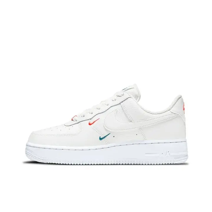 Off-white leather multi mini colorful embroidered swoosh Air Force 1 low casual sneakers minimalist unisex hypebeast street kicks full grain smooth leather upper tiny red teal stitched side logos classic sculpted white rubber midsole textured anti-slip