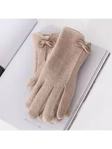 Women's Winter Korean Style Fleece-Lined Thickened Wool Warm Gloves for Driving and Cycling, Touchscreen Cashmere Gloves with Bow
