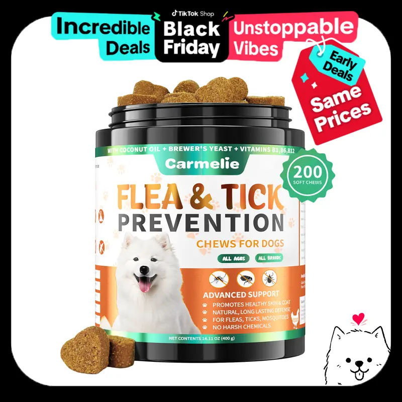 【Black Friday Deal】Carmelie Flea & Tick Prevention Chewables for Dogs - 120/200 Treats - Natural Pest Defense - Oral Supplement for All Breeds & Ages - Chicken Flavor Pet Products Vitamin, Universal, Gluten Free