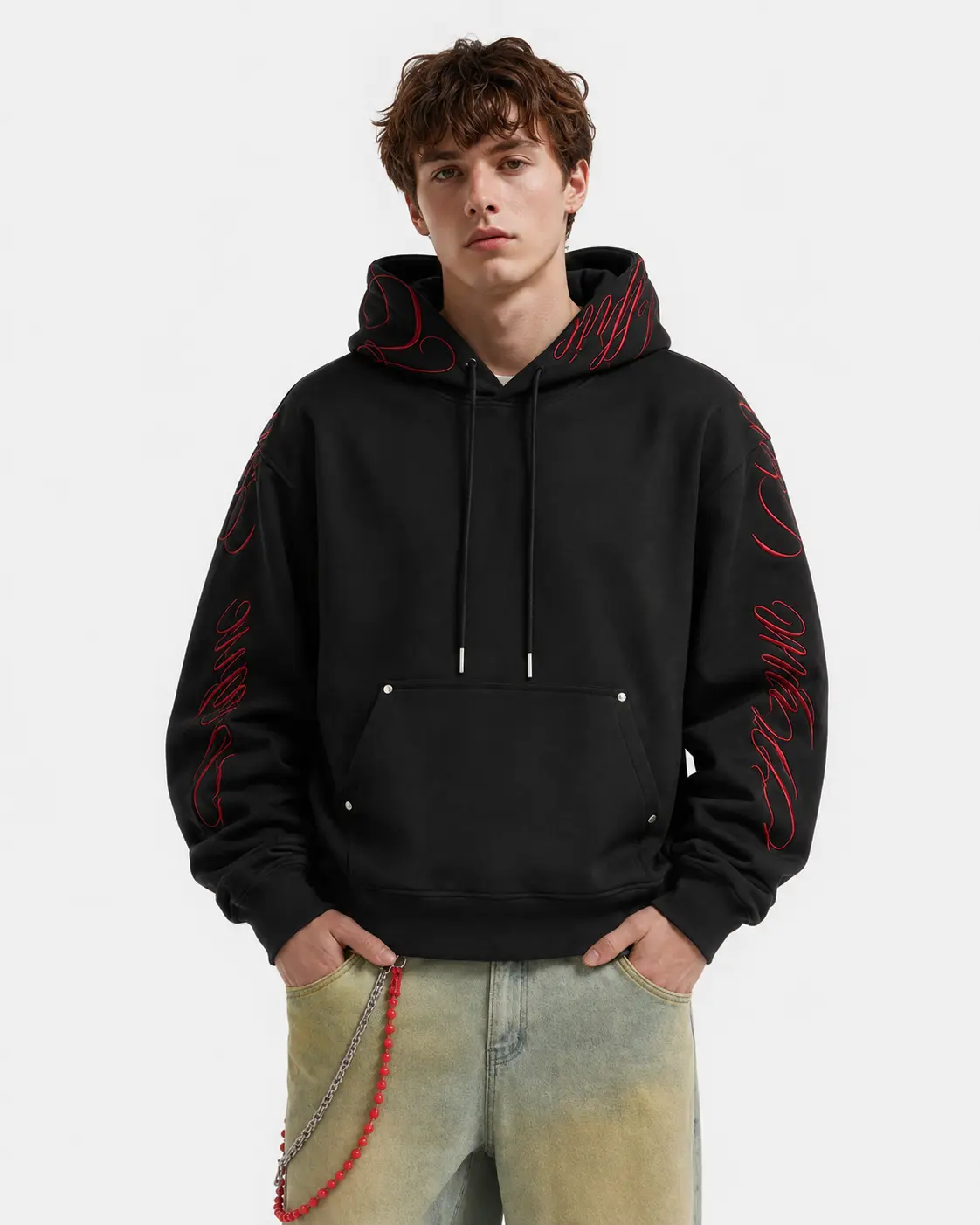 Aelfric Eden Unisex Red Script Embroidery Thick Fleece Cropped Boxy Hoodie - Cotton Blend Soft Knit Fabric, Studded Kangaroo Pocket, Vintage Punk Vibe Casual Streetwear Clothing, Fashion Streetwear Tops & Sweatshirts