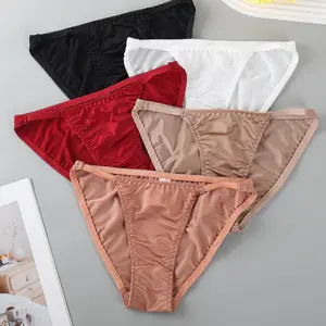 5 Pcs Women Silk Satin Thong, Solid Color String Panties, Breathable Comfort Sexy Ladies Underwear for Daily Wear