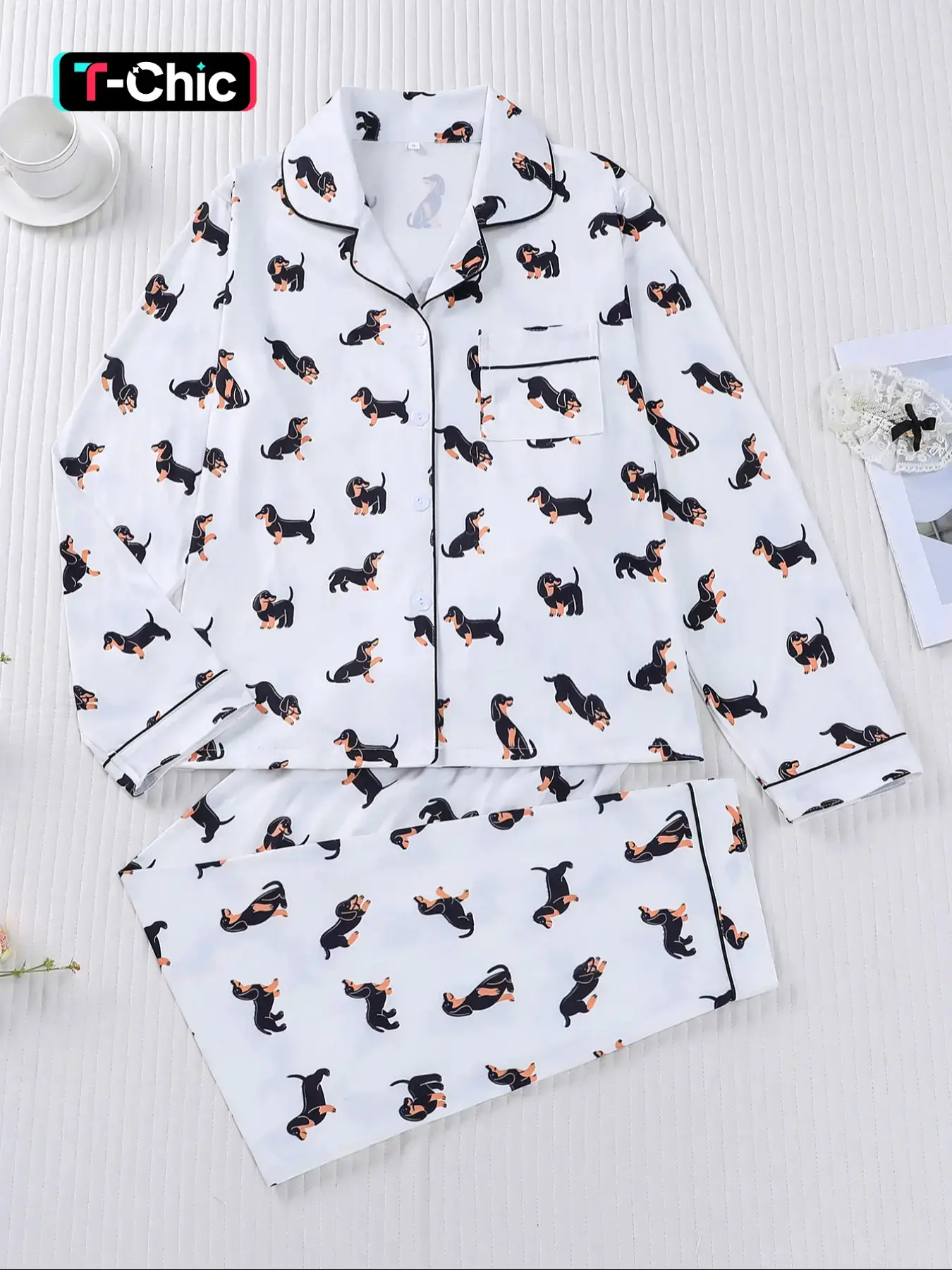 Women's Cute Cartoon Dog Print Knit Pajama Set, Casual Fall & Winter Long Sleeve Button Front Top and Elastic Pants, 2 Piece Sleepwear Loungewear, Womenswear