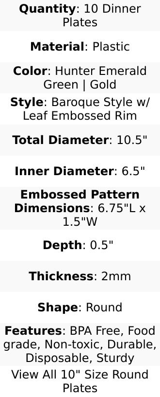 10-Pack Plastic Round Dinner Plates 10" Hunter Emerald Green with Gold Leaf Embossed Rim - Vintage Baroque Style Disposable Plates