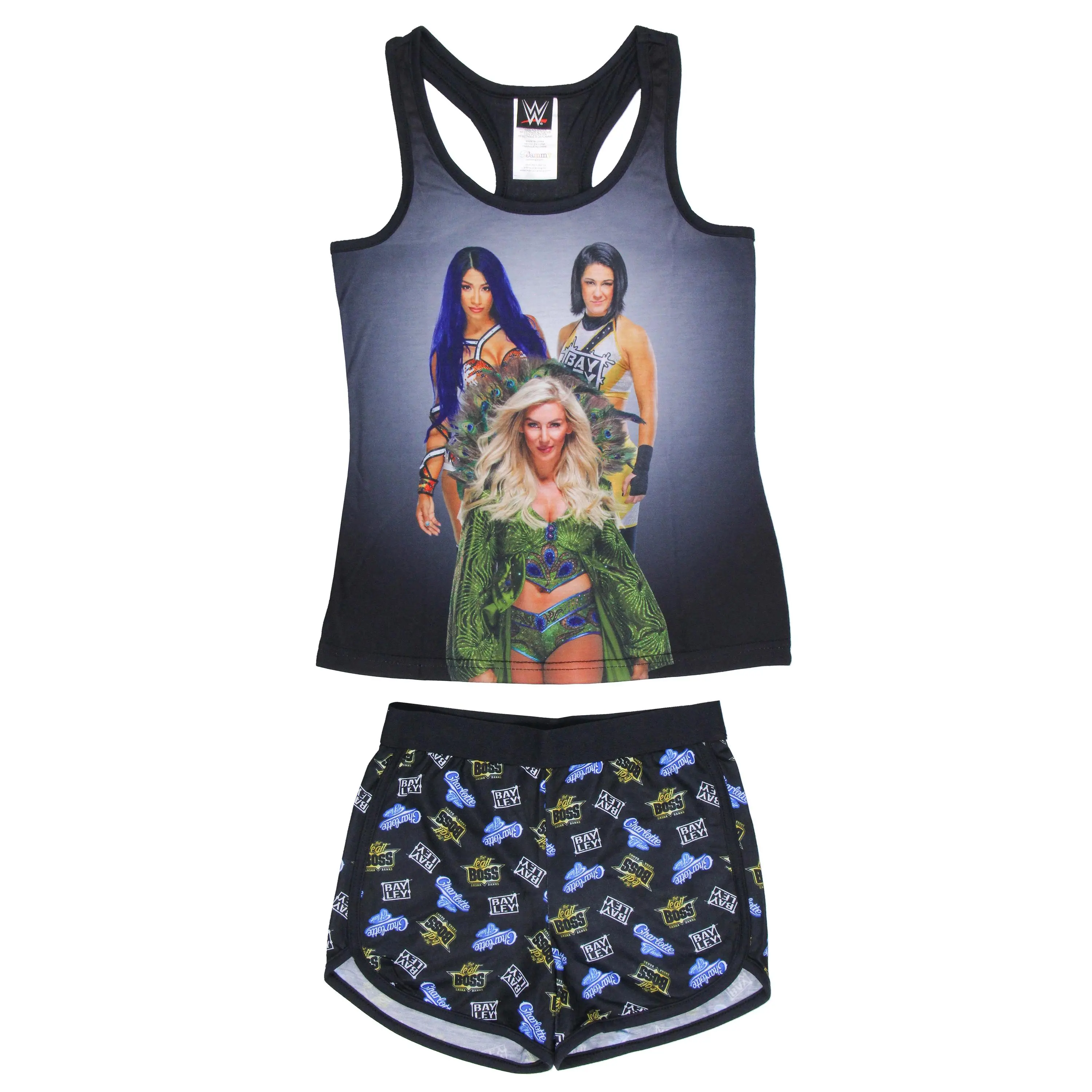 WWE Girls' Sasha Banks Bayley Charlotte Flair Tank Short Pajama Set, Sleepwear Pajamas, Crew Neck, Graphic