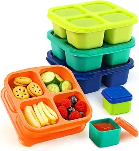 Lunchable Snack Containers - 4 Pack Bento Snack Boxes with 4-Compartment, 2 Leakproof Dip Cups,  Divided  Containers for School, Work, Travel (Jewel Brights)
