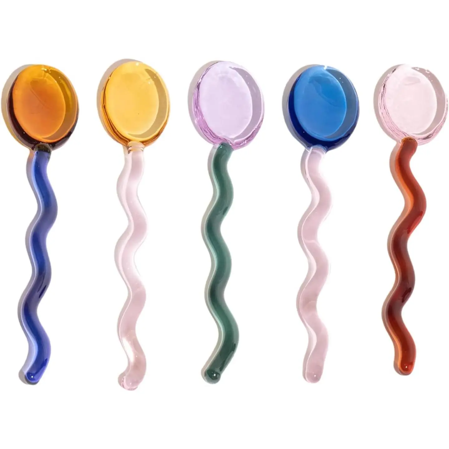 5 count Glass Spoons, Creative Colorful Glass Dessert Spoon Colored Transparent Coffee Milk Curved Handle Stirring Teaspoon for Home Bar Party (Round)