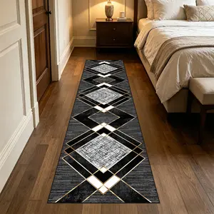 Modern Geometric Runner Rug 2.2'x8', Distressed Black & Gold Suede Entryway Carpet, Non-Slip Indoor Floor Mat for Hallways, Laundry Room & Bedroom