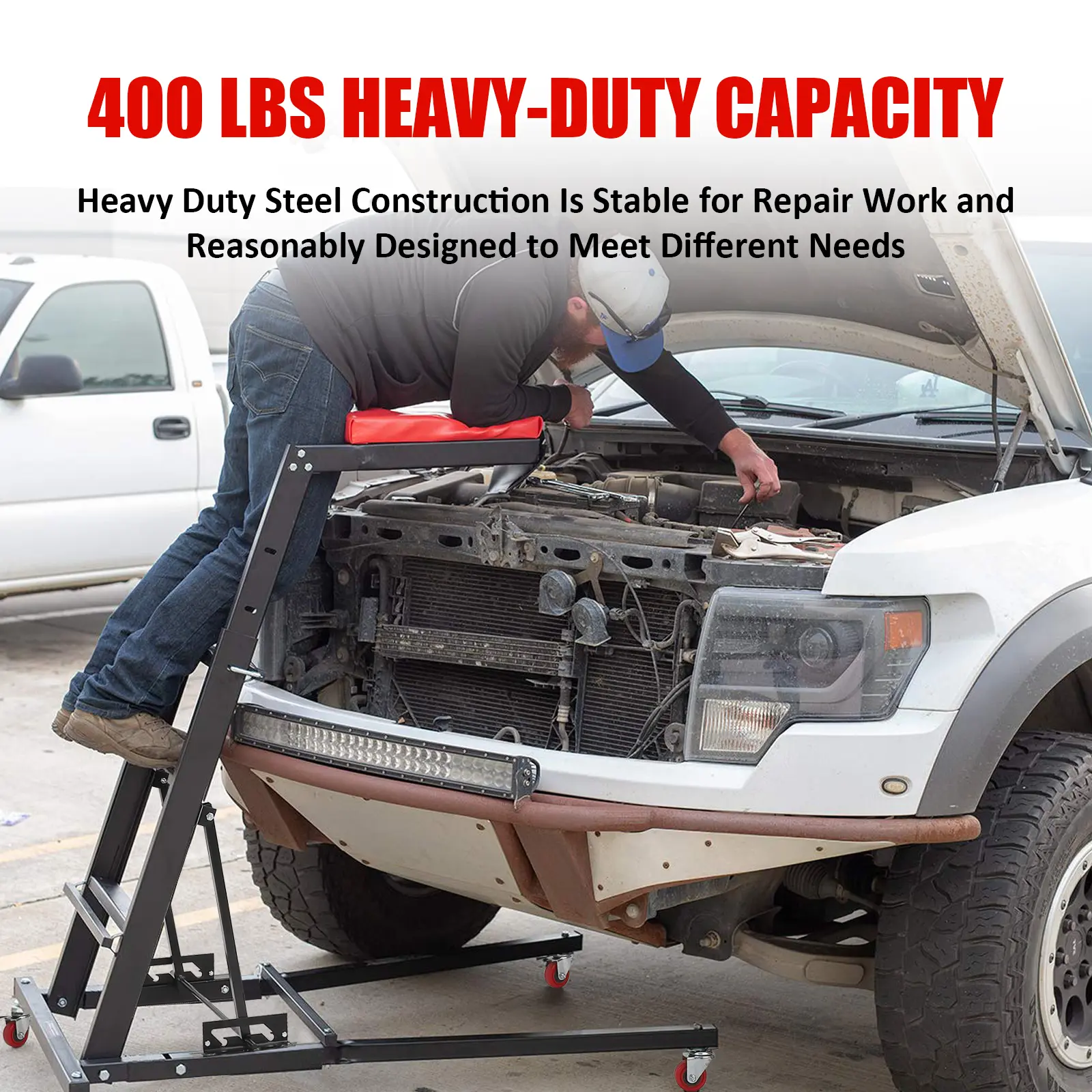 Adjustable Height Garage Seat Creeper, 400 lb Load Limit, Foldable Topside Engine Stool with 6 Wheels, Heavy Duty for Car, Truck, RV and Mechanic Shop