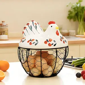 Ceramic Egg Basket with Metal Wire and Lid, Farmhouse Decorative Chicken Egg Organizer Basket for Kitchen Counter Eggs Fruits and Vegetables