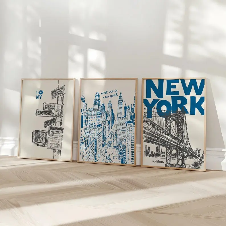 New York City Travel Print Set of 3, Retro NYC Poster, Navy Blue Trendy Printable Wall Art, Digital Prints, Apartment Aesthetic
