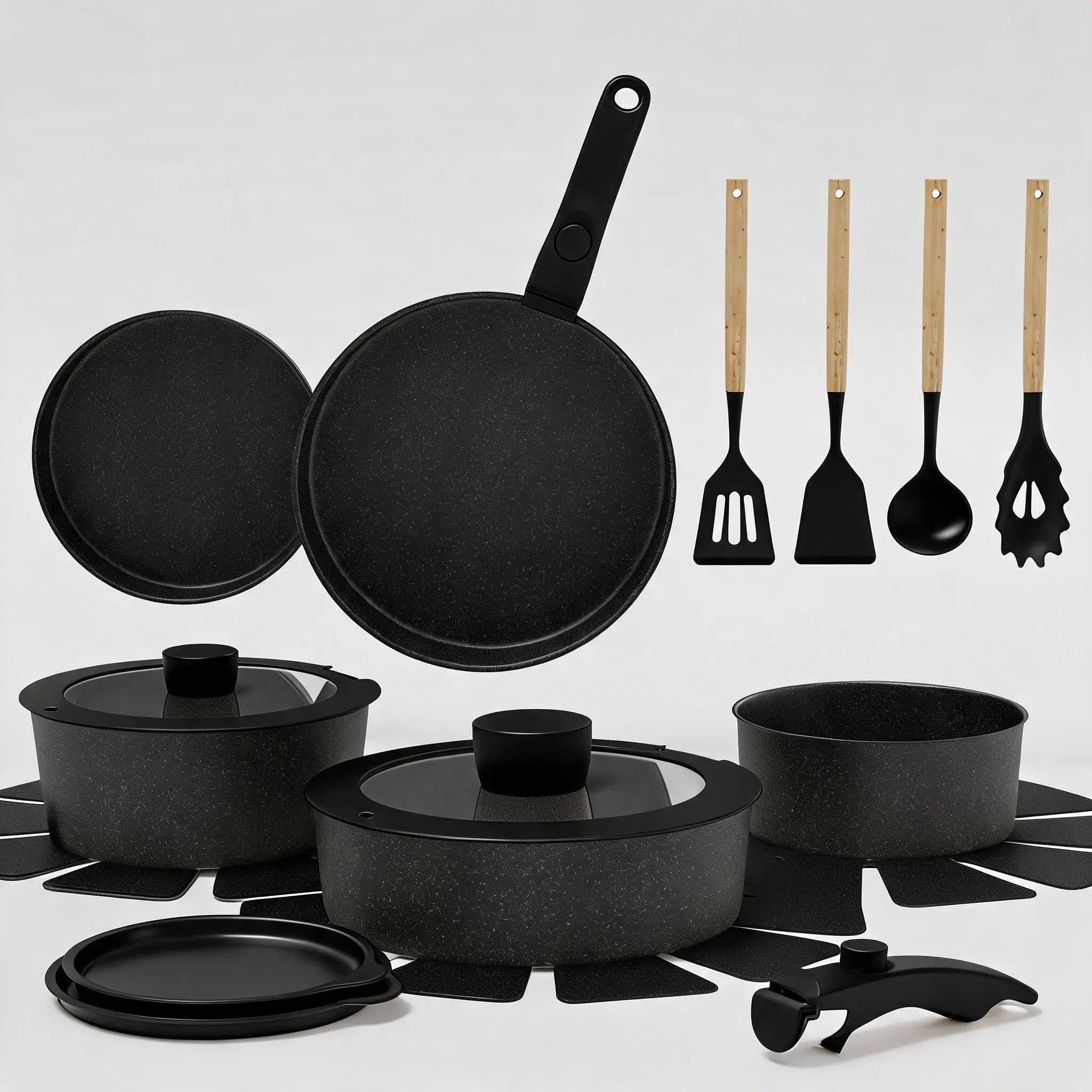 Garvee 19-Piece Aluminium Non-Stick Ceramic Pots and Pans Set, Multi-Piece Heat Resistant Cookware Set with Detachable Handles, Compact Stackable Lidded Pans, Oil-Saving, Oven-Safe, Induction & All Stovetops Compatible, Black, for Indoor Cooking