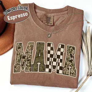 Comfort Colors Mama Shirt, Camo Checkered Boy Mom Neutral Mama Tee, Trendy Cool Mom T-shirt for Gift for Mom, Graphic Apparel Made In The USA		