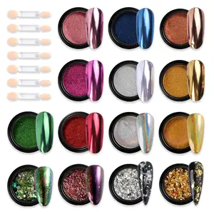 Colors Pink Blue Silver Metallic Effect Mirror Powder for Nails With Brushes Holographic Pigment Chameleon Flakes for Nails Gold Leaf Decoration