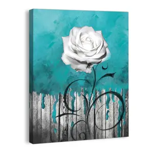 Wall Art for Bathroom Canvas Wall Decor Teal Theme White Rose Painting Pictures for Bedroom Modern Abstract Flowers Wall Decor for Office Framed Artwork for Kitchen Home Wall Decoration Size 12x16 Artistic Poster Decorative Plants Ornaments Wood Print