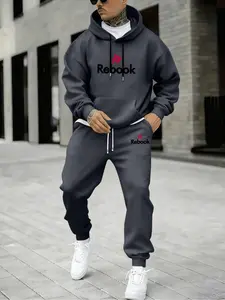 Men's Plus Size Rebook Letter Casual Drawstring Hoodie and Sweatpants Set, Loose Fit, Slight Stretch Fabric, Fall/winter