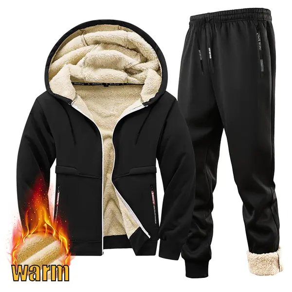 Men's 2-Piece Fleece-Lined Thick Knit Matching Tracksuit - Drawstring Hooded Top & Joggers, Fitted Cut Activewear Workout Athleisure Gym Lounge Clothes for Autumn Winter Casual Outdoor Sports, Solid Plain, Joggers Set