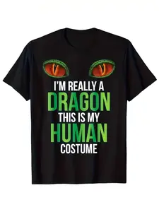 MenS & WomenS Funny Dragon Costume T-Shirt - Im Really a Dragon This is My Human Costume Graphic Tee with Dragon Eyes - Black Shirt with Green Text - Soft Crewneck Top for Halloween, Cosplay, Casual Attire - Funny Animal Lover Apparel - Regular Fit J