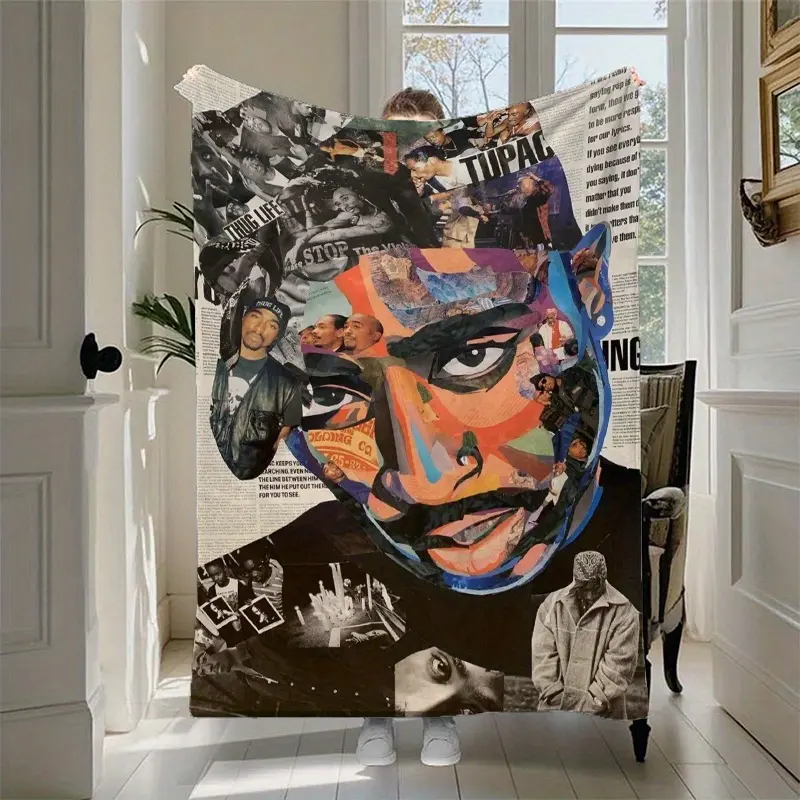 Creative Tupac collage print flannel blanket, soft and comfortable, with creative themed patterns, warm and comforting, suitable for all seasons, a multifunctional nap blanket and small blanket, the perfect gift for friends, birthday present.
