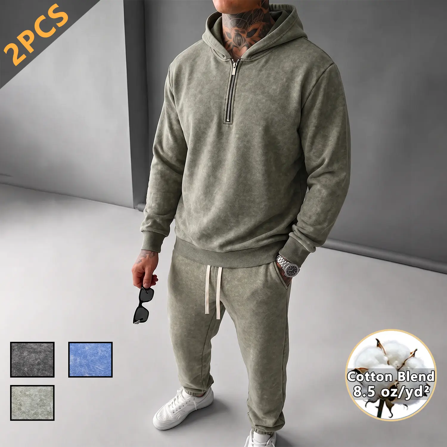 Men's 2 Piece Sweatsuit, 8.5 oz/yd² Cotton Blend French Terry 1/4 Zip Hoodie & Jogger Set, Vintage Mineral Wash Relaxed Streetwear Outfit for Fall Winter, Gift for Boyfriend Casual Menswear