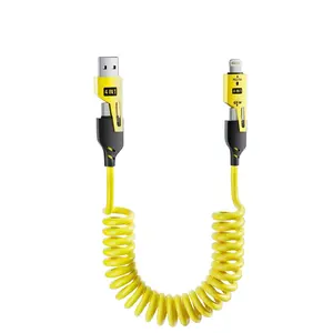 Four-In-One Retractable USB-C Data Cable, Anti-Tangle Charging Cord for iPhone/android/tablet, Ideal for Travel and Car Use