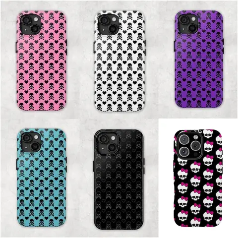 Blue Skully Skull n Crossbones Y2K Emo Goth Aesthetic Sturdy Double-Sided Tough Glossy Rubber Wireless Protective Shockproof Casing, Fits iPhone 11-17, Mobile Phone Accessory