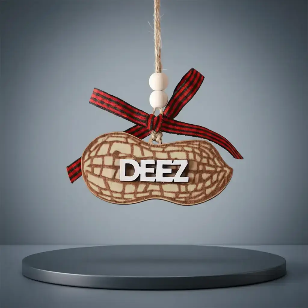 Carved Wood Deez Nuts Hanging Ornament with Bow Lanyard, Humorous Adult-themed Peanut Design Rearview Mirror Decoration, Car Hanger Ornament, Car Accessory, Car Trinkets, Car Ornaments