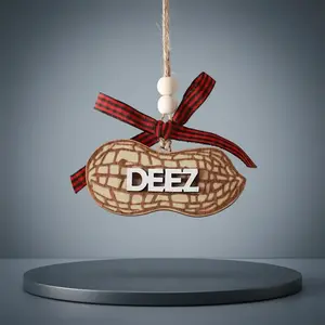Carved Wood Deez Nuts Hanging Ornament with Bow Lanyard, Humorous Adult-themed Peanut Design Rearview Mirror Decoration, Car Accessory, Car Trinkets