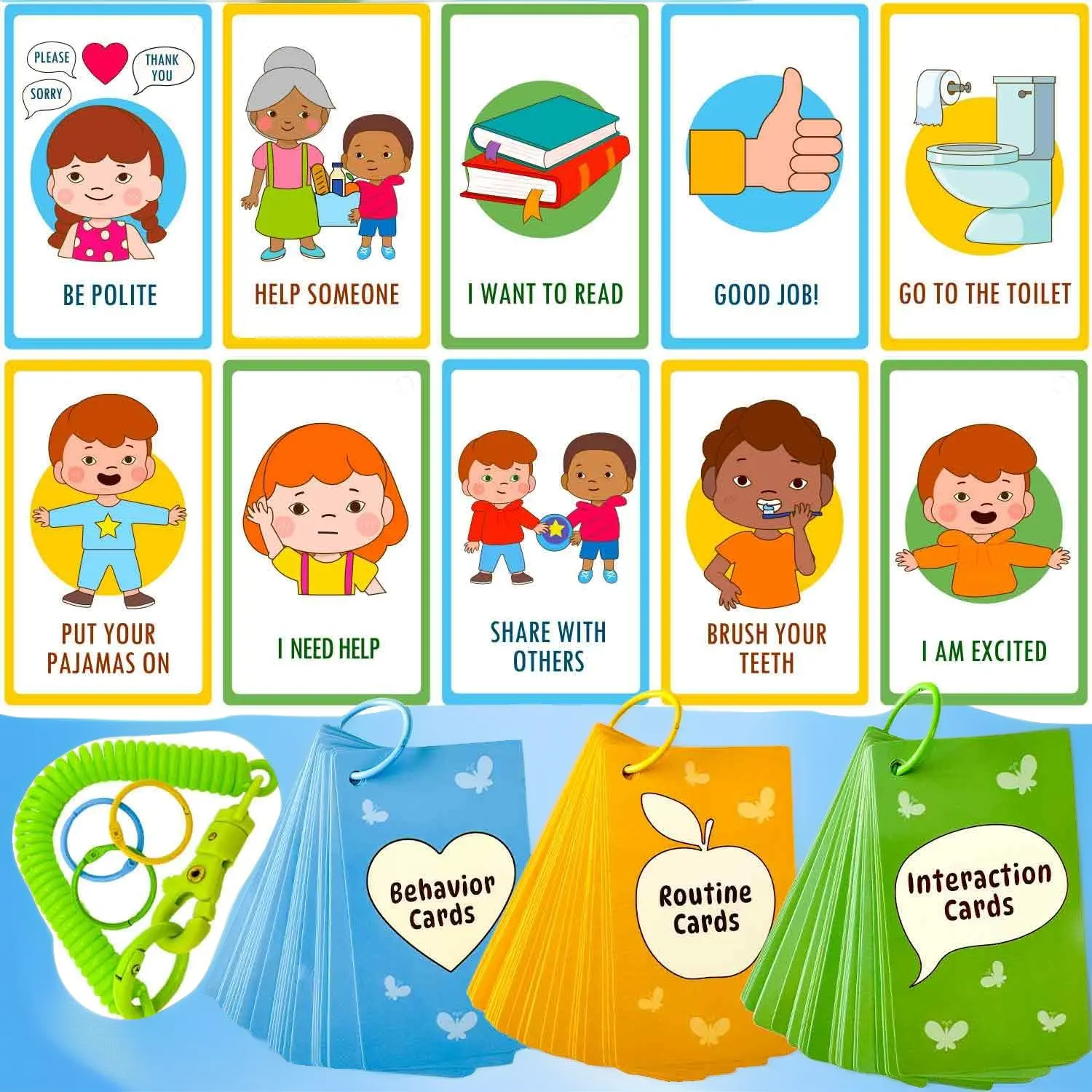 94-Piece Autism Kids Learning Communication Flashcards - Non-Verbal Speech Therapy Materials, Water-Resistant with 3 Rings & Clip