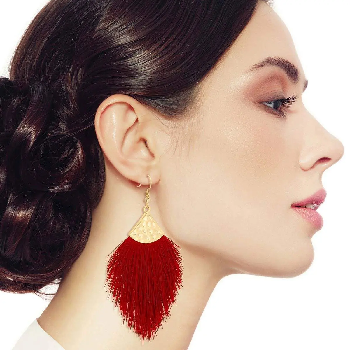 Women's Fashion Gold Hammered Triangle Drop Hook Earrings, Burgundy Silk Tassel Fringe, 2-in Wide Geometric Design, Female Accessory, 2 Inches, Drop Earrings, Metal, Wide Drop