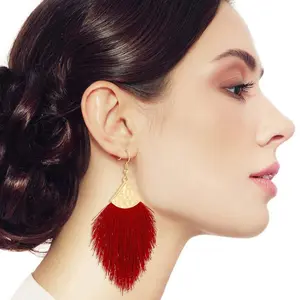 Burgundy Silk Tassel Metal Fish Hook Earrings - Fashion Costume Jewelry Accessories