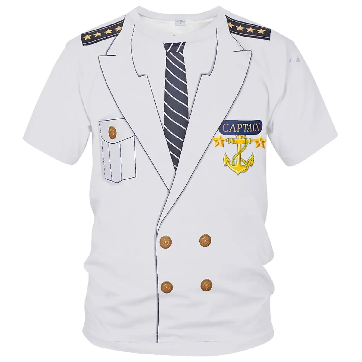 Unisex Captain Uniform 3D Print T - Shirt with Anchor, Stars, Tie & Badge - Nautical Cruise Party Casual Outfit for Men & Women