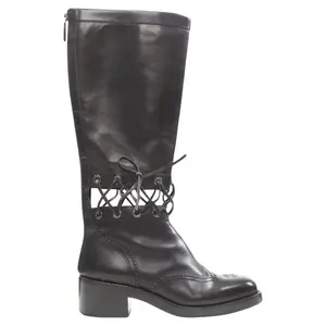 Pre-owned Chanel Women's Chanel calfskin cross stitch cut out CC toe cap block heel boot by Rebag