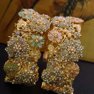 PINK OR MINT GREEN Kara Set Chunky Bangle Cuff Bracelet with Colorful Beads and Elegant Design Trendy Jewelry