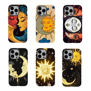 Mystical Celestial Sun and moon Phone Case,Boho Celestial Sun & Moon Phone casing,Durable 2-piece design Design tough phone case for iPhone 17 Air Promax 16 15 14 13 12 11 8 7 for Samsung Series,Retro Sun Face design,perfect gift for her/him