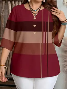 Plus Size Women's Color Block Minimalist Casual Short Sleeve Shirt, Striped Pattern Half Sleeve Top, Suitable for Spring/summer/autumn