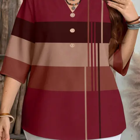 Plus Size Women's Color Block Chic Casual Loose, Striped Pattern Half Sleeve Top for Spring & Summer Daily Wear Tops