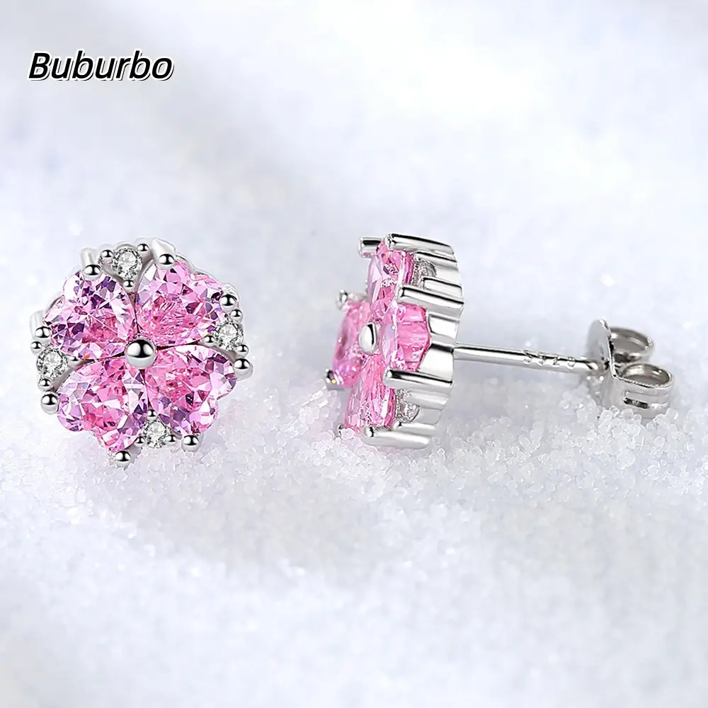 【Buburbo】 Pink Heart Flower S925 Sterling Silver Stud Earrings - Lab-Created Moissanite with Accent Stones | Cute Gift for Women (Birthday/Mother’s Day/Christmas) | Wedding Daily Jewelry