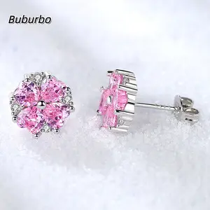 【Buburbo】 Pink Heart Flower S925 Sterling Silver Stud Earrings - Lab-Created Moissanite with Accent Stones | Cute Gift for Women (Birthday/Mother’s Day/Christmas) | Wedding Daily Jewelry