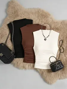 Elegant Half High Neck Sleeveless Ruched Vest Set, Casual Versatile Solid Color Slim Fit Women's Top, Three-Piece for All Seasons
