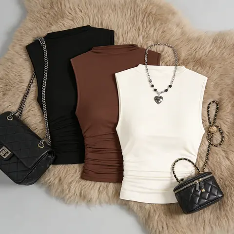 Elegant Aesthetic Half High Neck Sleeveless Ruched Vest Set Outfit, Casual Versatile Solid Color Slim Fit Women's Top, Three-Piece for All Seasons Camisole Vest, Minimalist Casual Sleeveless
