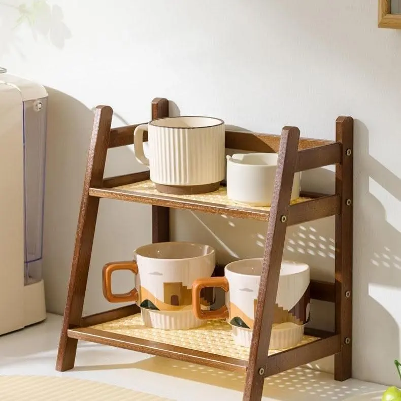 2-Layer Bamboo Wooden Rectangle Storage Rack Organiser - White & Brown, Compact, Firm, Space-Saving, Hollow Base, Countertop Keeper, Kitchen Organization, Bathroom Storage Shelf, Clean Aesthetic