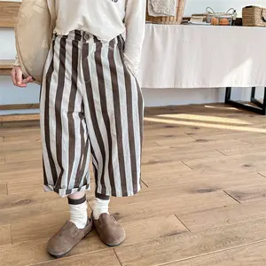 Infant Toddler Boys Girls Striped Casual Pants with Pockets - Beige & Brown Vertical Stripes, Elastic Waistband, Lightweight Breathable for Spring Summer Fall Outings,Seasonal Children's Wear, Genderneutral Trousers, Durable Toddle,ankle-length