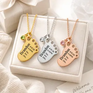 Personalized Metal Baby Foot Necklace Custom Name Birth Date Weight Length Pendant Birthstone Charm Gold Silver Rose Gold Keepsake Jewelry Gift For New Mom Gift For Mom Gift For Grandma Newborn Gift Family Keepsake