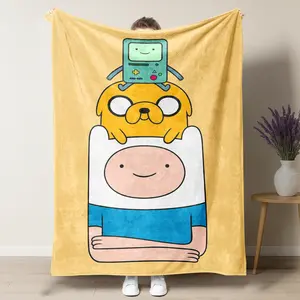 Cartoon Adventure Time Finn Jake BMO Pattern Flannel Blanket,Cartoon Fan Soft Plush Throw Blanket, Finn Jake BMO Cartoon Design for Bedroom & Couch,Warm Nap Blanket