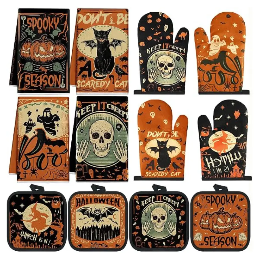 12-Piece Halloween Kitchen Linens Set - Kitchen Towels, Oven Mitts, Pot Holders, Spooky Household Textile Accessories